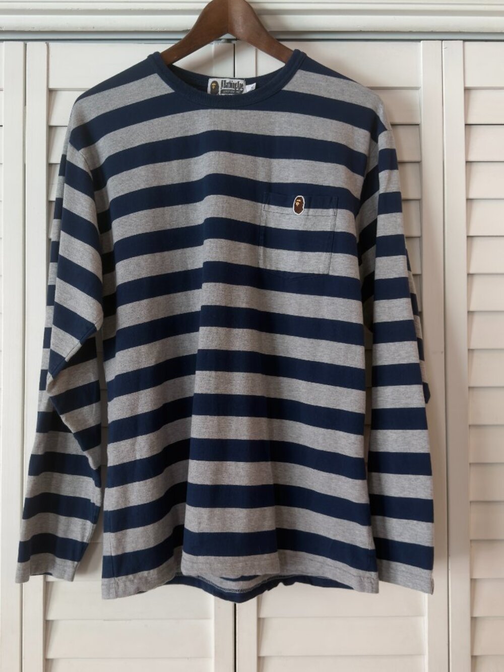 A Bathing Ape BAPE Long Sleeve T-shirt Navy and Gray Stripe - Size XL